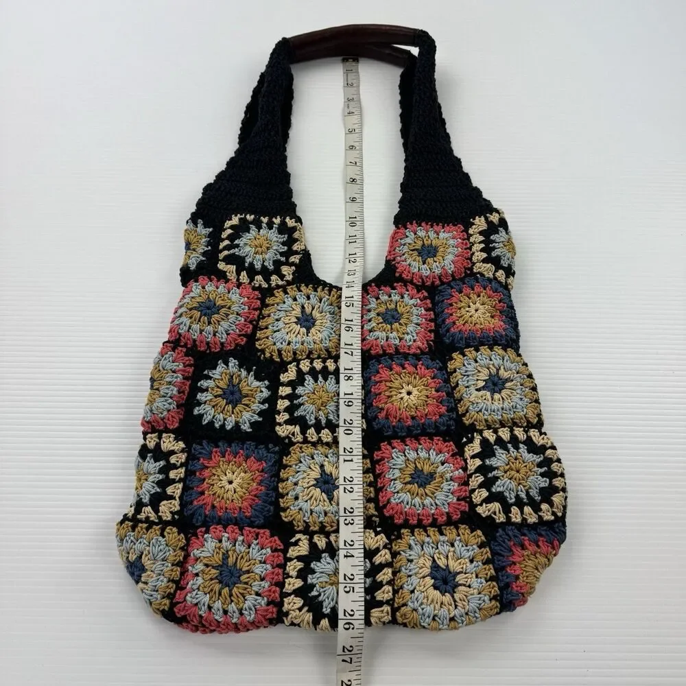 Free People Granny Square Crochet Tote Bag Black Multi Boho Leather Handle NWOT